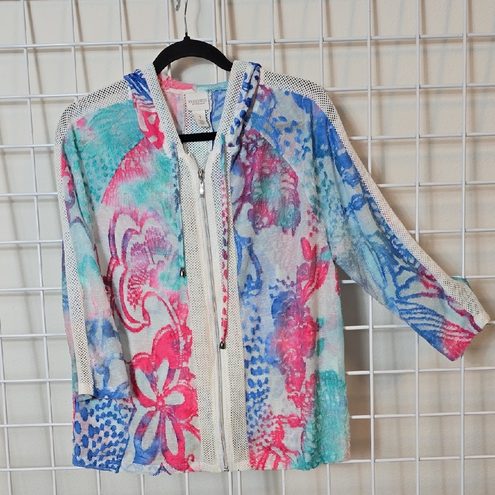 Chico's Multicolor‎ Abstract Textured Mesh Hoodie Jacket Size Medium Chicos 1